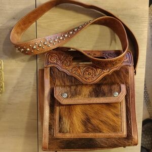 Rustic Brown Leather and Fur Shoulder Bag